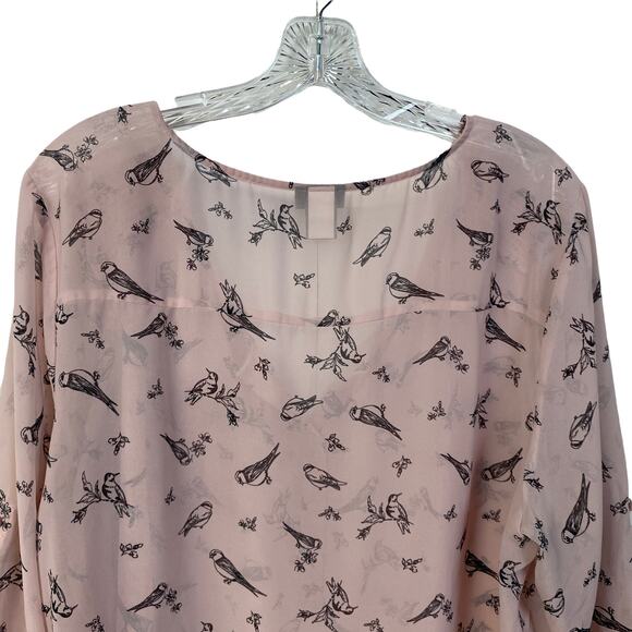 TORRID Sz 2 Sheer Pink Top Bird Novelty Print Flowy Roll Tab Sleeves Pullover - Picture 3 of 6